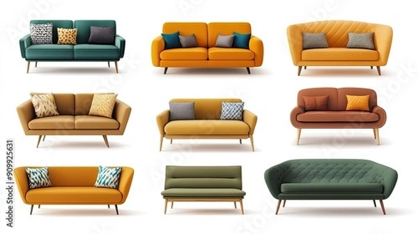 Fototapeta A collection of trendy sofas designed in a Scandinavian style, showcasing modern soft furniture for a cozy home interior, isolated on a white background
