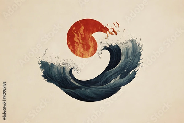 Obraz Minimalist design of Taegeuk pattern with flowing waves and elements of fire