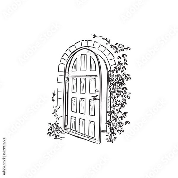 Obraz A line drawn garden door. Secret garden door in black and white line drawn. Vector, ivy, foliage, garden. Drawn by hand.