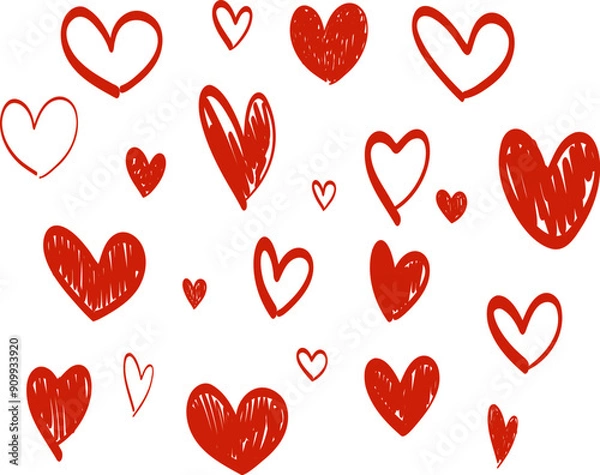 Obraz Set of elements with hand drawn cute red hearts vector illustration.  Heart shaped vector illustration set. mother's day, greeting card, wallpaper or gift wrapping design.