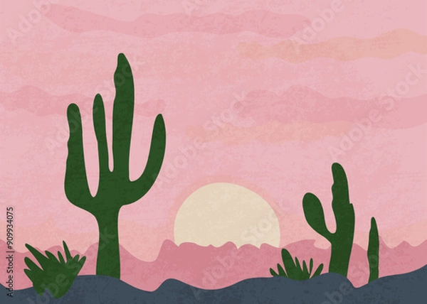 Obraz Bright texture with pink desert and green cacti hand drawn in pastel colors. Natural background with desert plants. Vector in simple flat style with cactus in desert.