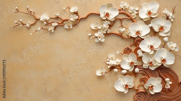 Obraz Exotic Orchids in Pastel Tones - Elegant Chinese Painting Inspired HD Wallpaper with Metal Texture and Gold Carving Style, Generative Ai