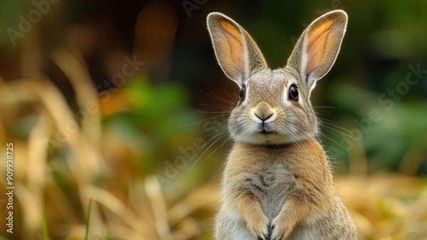 Fototapeta A cute rabbit standing gracefully in a meadow, showcasing its soft fur and attentive expression, perfect for nature themes.