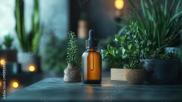Fototapeta A serene still life featuring a brown glass bottle surrounded by lush greenery, creating a calming atmosphere.
