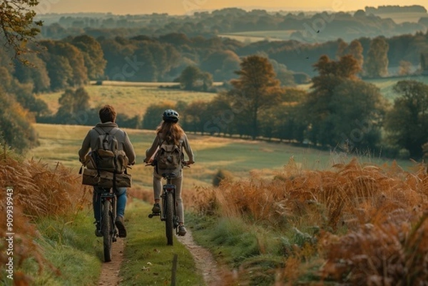 Obraz Two Cyclists Riding Through Scenic Landscape During Golden Hour in Autumn