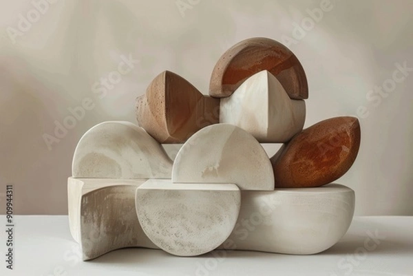 Fototapeta Modern abstract sculpture with geometric shapes in earthy tones