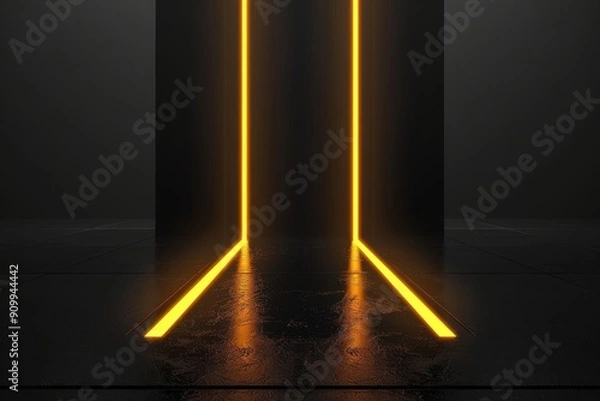 Fototapeta Minimalistic black room with bright yellow neon lights and a futuristic atmosphere