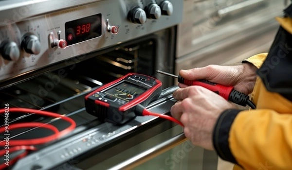 Fototapeta Electrician using electrical multimeter to check stove voltage in modern kitchen