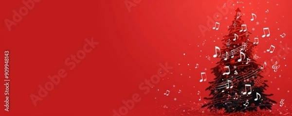 Fototapeta Festive Christmas tree adorned with musical notes on a vibrant red background
