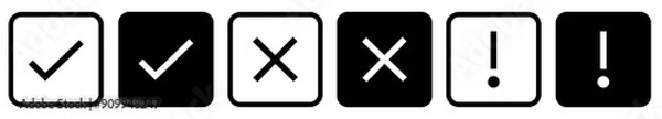 Fototapeta check mark icon button set black color. check box icon with right and wrong buttons and yes or no checkmark icons in green tick box and red cross. exclamation mark information