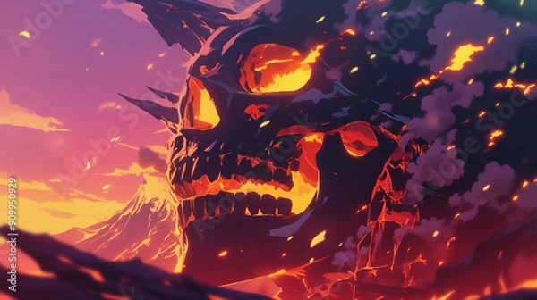 Fototapeta A skull with fire and lava coming out of it. The skull is surrounded by a mountain and the sky is orange.