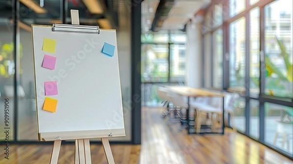 Fototapeta Flip chart by sticky notepapers on wall in office. AI generated illustration