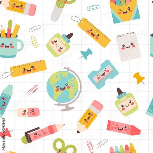 Obraz Funny stationery school supplies seamless pattern. Back to school vector background.