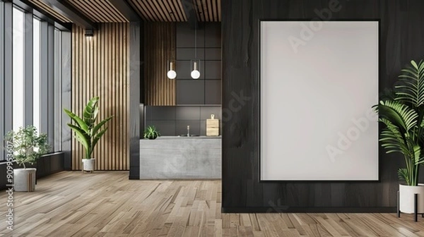 Fototapeta Dark gray office lobby with a concrete floor, loft windows and a glass wall. There is a large vertical poster and a meeting room. 3d rendering mock up. AI generated illustration