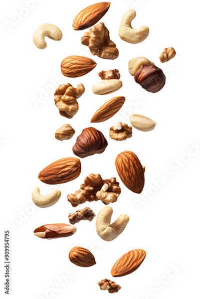 Obraz Realistic nuts including almonds, cashews, and walnuts falling down, isolated cutout on transparent background