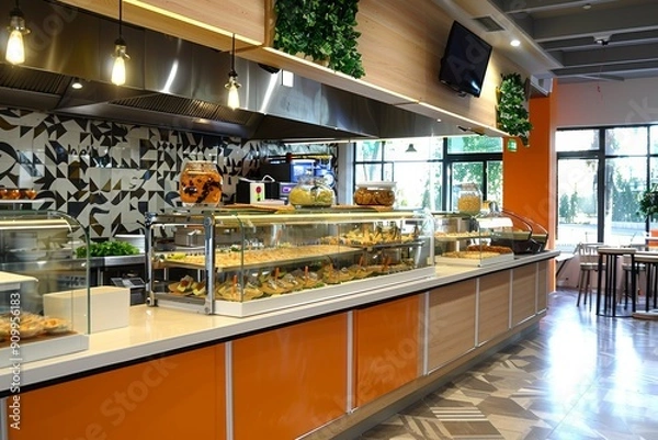 Fototapeta Interior of a stylish cafeteria featuring a food display counter with various dishes