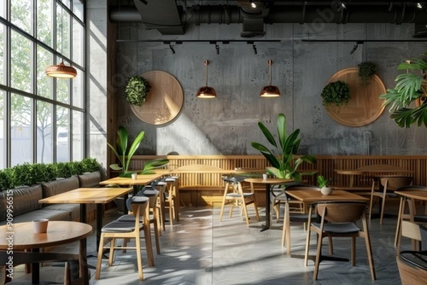 Fototapeta A stylish cafeteria interior with wooden tables and chairs, large windows, and modern lighting