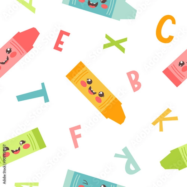 Obraz Seamless pattern with colored crayons and letters. Back to school vector background.