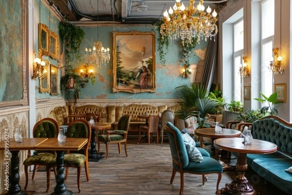 Fototapeta Elegant cafeteria with plush seating, chandeliers, greenery