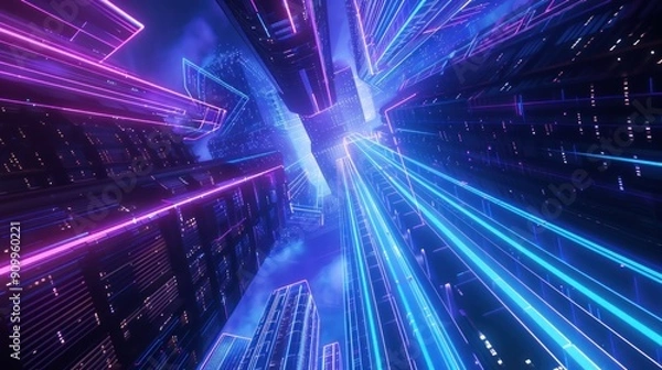 Fototapeta Bottom up view view of colorful futuristic city
