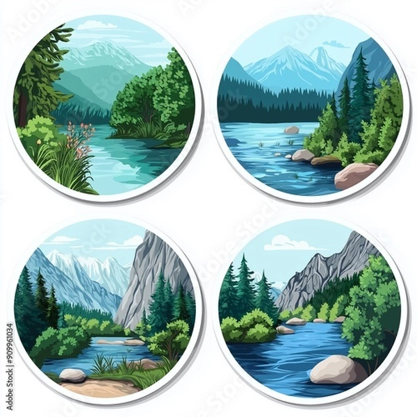 Fototapeta 4 round stickers a travel theme - rivers and mountains, isolated on white background
