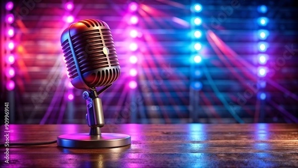 Fototapeta retro or vintage microphone on table with lights