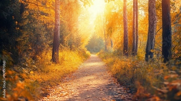 Fototapeta Serene forest path illuminated by warm autumn sunlight