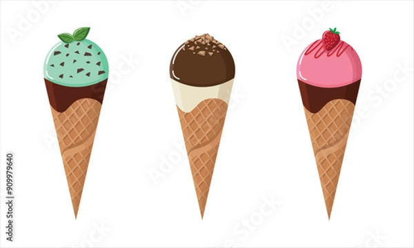 Fototapeta Set of ice cream cones with various flavors. Ice cream in mint choco, chocolate, strawberry flavors. Cartoon vector illustration icons