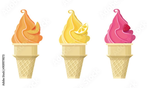 Fototapeta Set of ice cream cones with fruit flavors. Ice cream in peach, lemon, and raspberry flavors. Cartoon vector illustration icons