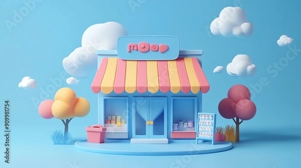 Fototapeta Cute 3D Render of a Cartoon Store with Clouds.