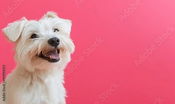 Fototapeta A happy white dog with a smile on a vibrant pink background , Generative AI