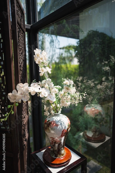Obraz The ancient chinese style vase with artificial white flowers in the glass corner.