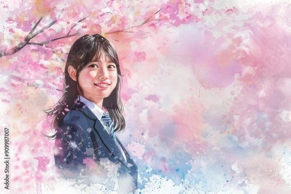 Obraz 桜と笑顔の女子高校生の水彩画（入学・卒業・青春・合格・受験・試験）