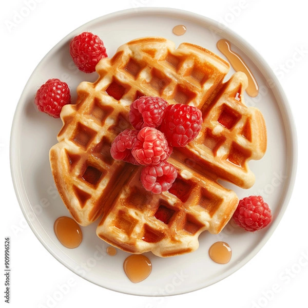 Fototapeta Delicious waffle breakfast with fresh raspberries and maple syrup on a white plate