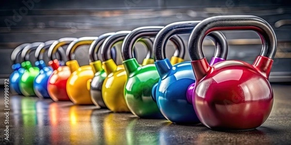 Fototapeta rendering of a series of sports kettlebells with various weights and color markings for workouts, sports equipment, fitness