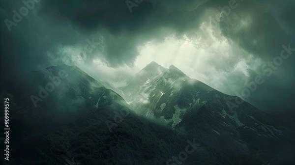 Obraz A dramatic mountain range with dark storm clouds gathering above.