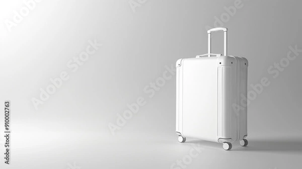 Fototapeta Minimalistic and sleek white suitcase standing in an empty bright room with a clean white background. Travel and luggage concept for modern and stylish travelers.