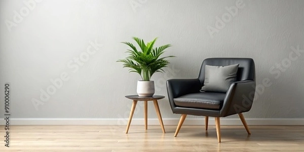 Fototapeta Black chair with a pillow and a plant in a pot, black, chair, pillow, plant, pot, interior, home decor, minimalistic, modern
