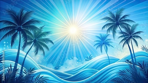 Fototapeta Abstract blue summer wallpaper with vibrant s of palm trees, waves, and sunbursts , summer, vibes, background,tropical, beach