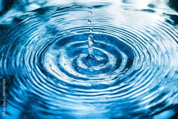 Fototapeta Water waves with shining pattern texture background with blue water with ripples on the surface. Defocus blurred transparent blue colored clear calm water surface texture with splashes and bubbles.