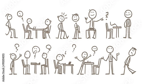 Obraz Stick figure illustrations depicting various business meeting situations.