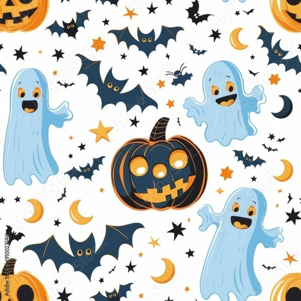 Fototapeta Halloween seamless pattern with cheerful ghosts, spooky pumpkins, bats, and crescent moons on a white background