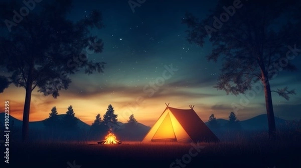Obraz camping site featuring a tent and campfire surrounded by a clear twilight sky filled with stars. 