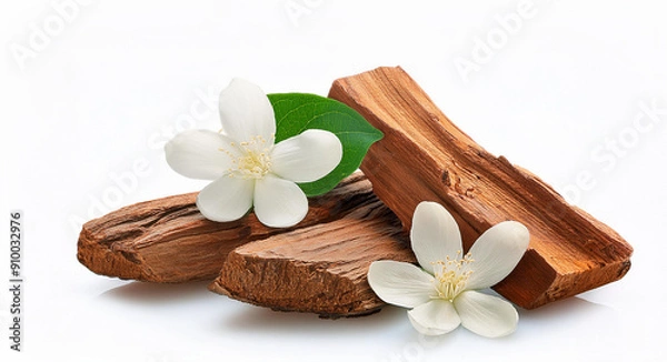 Obraz sandalwood and sandalwood powder, Jasmine flowers with green leaves isolated on a white background. isolated  