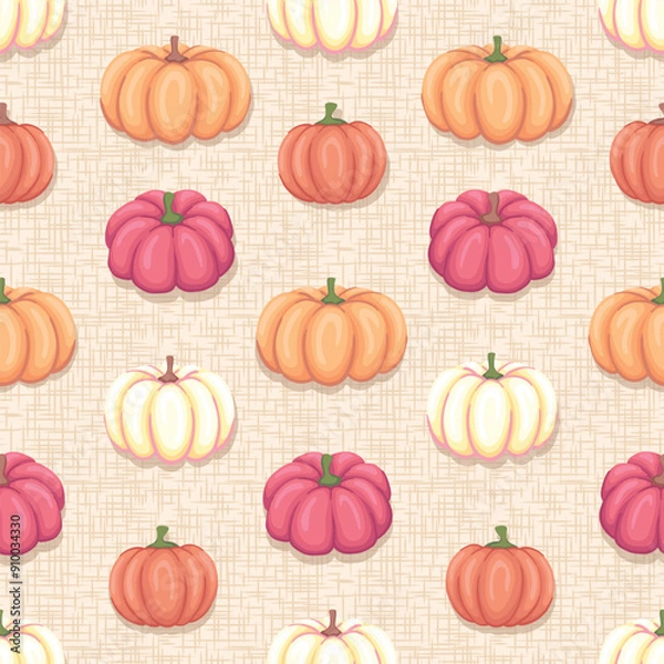 Obraz Seamless pattern with beautiful orange, pink and pastel yellow pumpkins on a beige background. Rustic cottage core repeated surface vector design.	