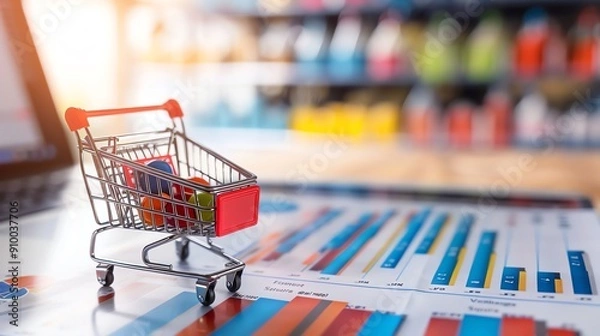 Fototapeta Shopping cart on a financial report with a laptop in the background. Concept of retail business, e-commerce, and market analysis.