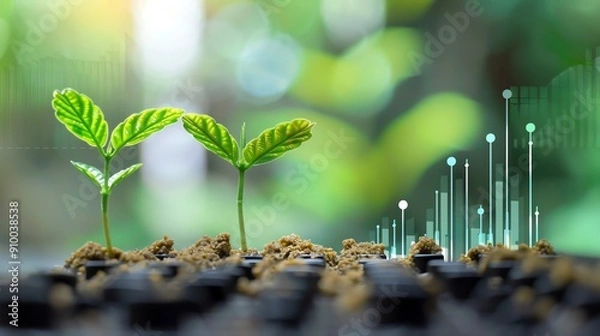 Fototapeta Young plants growing in soil with digital growth charts, depicting the concept of agritech innovation and sustainable development.