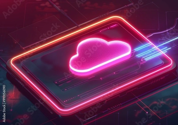 Fototapeta Futuristic Cloud Computing Concept with Neon Lights - Digital Technology and Data Storage Visualization
