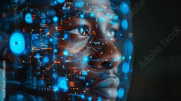 Fototapeta Futuristic Concept of Artificial Intelligence with Digital Interface Overlay on Human Face