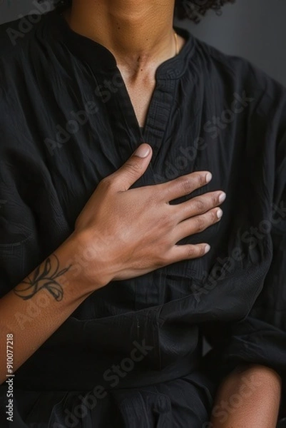 Fototapeta Close-up of a person wearing black clothing, with a hand on their chest signifying a moment of self-connection and reflection